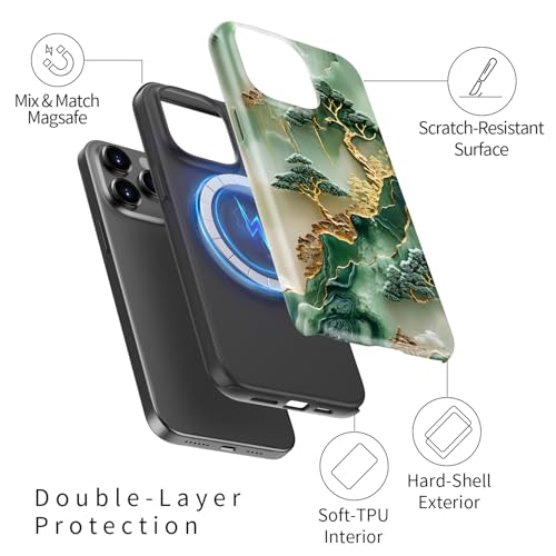 Image of Goodon for iPhone 13 Pro Max Case Cute - Wireless Charging Compatible - Dual-Layer Hard Shell + Silicone Cover - Protective Phone Case with Trendy Designs for Women - Gold Inlaid Jade Carving