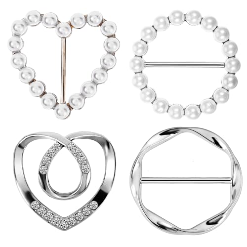 Image of 4Pcs Scarf Ring Clip Shirt Clip Clothes Corner Knotted Button For Women Fashion Rhinestone Round Circle Clip Belt Buckle With Pearl Rhinestone Clothing Ring Wrap Holder For Lady Girls Women (Silver)