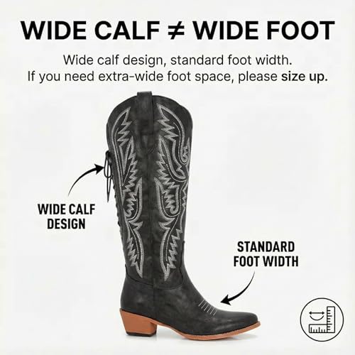 Image of Uillnoodu Wide Calf Cowboy Boots Women Adjustable Lace Up Knee High Tall Plus Size Cowgirl Boots Western Style Comfortable 2-Inch Heel