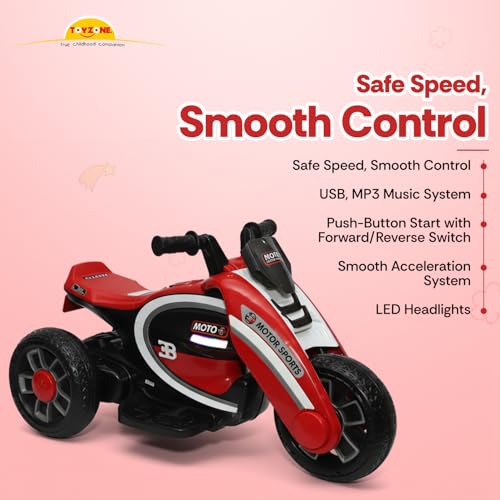 Image of Toyzone Moto Electric Bike (Red) | 6V Rechargeable Bike with 4.5Ah Battery | LED Lights, Built in Music | Smooth Acceleration | 6M Battery Warranty | Age 2-8 Years, Upto 35 kg