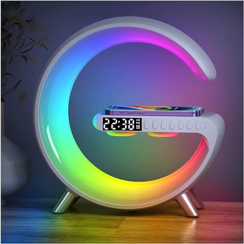 Lampe de table LED intelligente 4 en 1 avec chargeur sans fil - Contrôle par application - Haut-parleur Bluetooth - Réveil - Pour la maison, le bureau, l'étude - Blanc