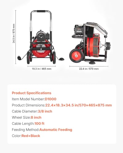 VEVOR 100FT x 3/8 inch Drain Cleaner Machine, Auto Feed Sewer Snake Auger for 2" to 4" Pipes, Movable & Portable Plumping Cleaning Tool with 8 Interchangable Cutters & Air-activated Foot Switch