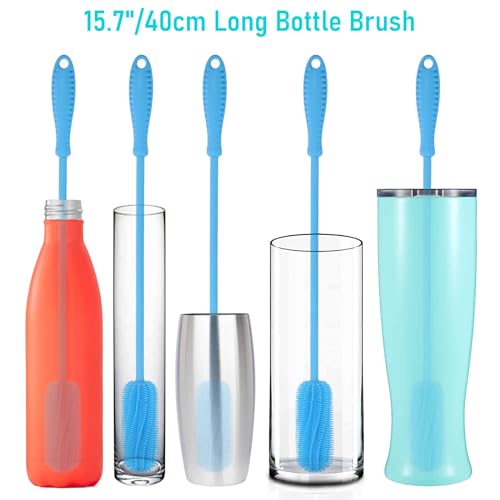 Image of 15.7 inch Silicone Bottle Brush, ddLUCK Water Bottle Cleaner Brush for Stanley, Hydroflasks, Glass, Thermos Sports Bottle, Vase and Glassware, Bottle Brush Cleaner for Small Narrow Neck Containers (Blue)