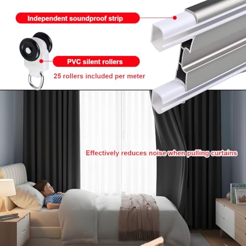 Miniatura 5 de Riel Techo Para Cortinas Doble, Riel De Cortina Techo Corredera, Barra De Separador Doble Para Habitación, Comedor, Salon, Puertas, Aluminio, Silencioso Blanca,240cm 7.9ft