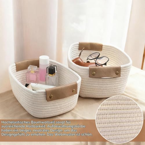 STARVAST 3 Stueck Baumwollseil Aufbewahrungskorb, weisser geflochtener Korb 28 x 22 x 11 cm mit braunem Ledergriff, kleiner Korb zur Aufbewahrung fuer Regal, Tisch und Kommode – Bild 3