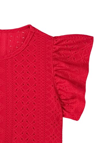 Image of Girls Striped Shirt Flutter Sleeve Top Crewneck Cute Summer T Shirts Casual Tees Solid Red 5-6 Years