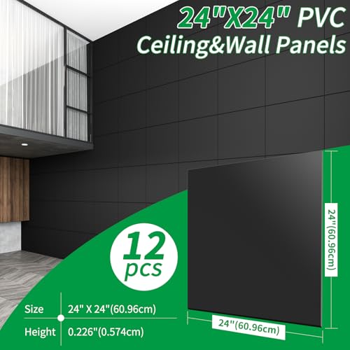 Image of Art3d 24 inchx24 inch Smooth Drop Ceiling Tiles (48 Sq.Ft), 12-Pack 2ft x 2ft PVC Tiles for Home and Office, Waterproof and Reusable Plastic Ceiling, Black