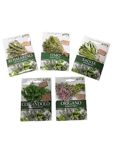 L'ORTOLANO-FIORAL-OFFERTA 5 BUSTE Di Semi Da Piantare-Rosmarino, Timo, Salvia, Coriandolo, Origano. Sementi Selezionate e di Alta Qualità. Buste in carta 11,5 x 16 cm con bustina ermetica interna.
