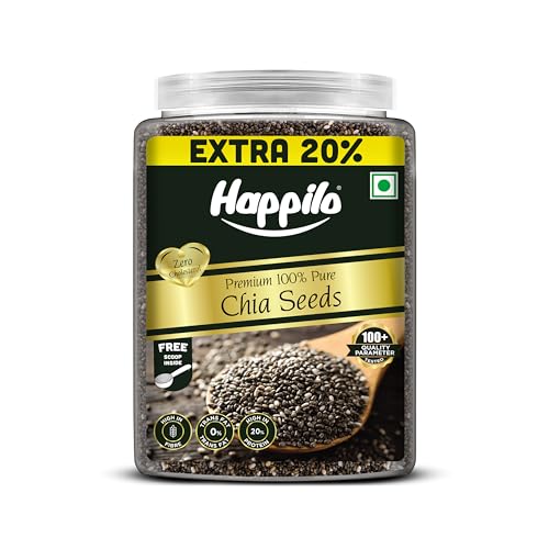 Happilo Premium Raw Authentic Chia Seeds Jar 1000g + 200g (20% Extra), Rich Source of energy, Omega-3, Great as a Topping, Mix in Breakfast Cereal