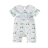 Amiblvowa Baby Boy Golf First Birthday Outfit Short Sleeve Doll Collared Smocked Romper One Embroidery 1st Birthday Jumpsuit (White, 12-18 Months)