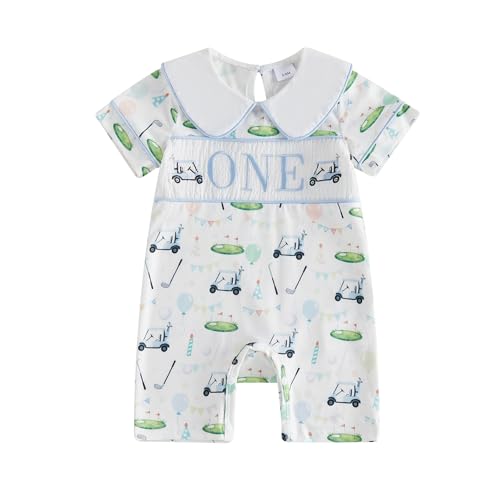 Amiblvowa Baby Boy Golf First Birthday Outfit Short Sleeve Doll Collared Smocked Romper One Embroidery 1st Birthday Jumpsuit (White, 12-18 Months)
