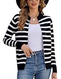 Totatuit Women's Zip Up Striped Cardigan Sweaters Fall Oufits Clothes Fashion Trendy Long Sleeve Tops Casual Knit Zipper Jackets Black White Large