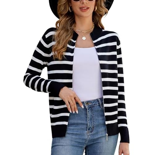 Totatuit Womens Long Sleeve Knitted Zip Up Sweater Cardigans Sweaters Lightweight Zipper Sweatshirts Jacket Small Black White