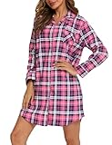 ENJOYNIGHT Pajama Dress Cotton Nightgowns For Women Long Sleeve Button Down Sleep Shirt Flannel Nightshirt Sleepwear(XX-Large, Pink Lattice)