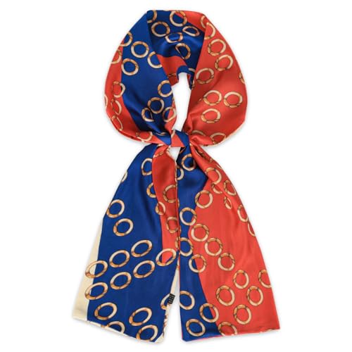 Relang Satin Scarf Mulberry Silk Printed Head Wrap Hair Band 7"" x 59"" Red and Blue