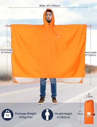 ANYOO Leichter Wasserdichter Regenjacken Wiederverwendbar Ripstop Atmungsaktiver Mehrzweck Regenmantel mit Kapuze Schutzdecke Unterschlupf für im Freien Camping Wandern Angeln, Orange, Einheitsgröße