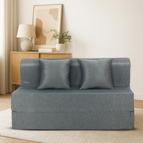 Image of Amazon Brand - Solimo 3 Seater Sofa Bed 6x4 Feet with 2 Cushions, 3 in 1 Convertible Sofa Lounger, Portable Foldable Foam Mattress with Washable Cover for Living Room Bedroom - Grey