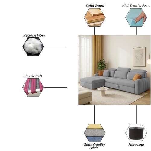 Image of Casaliving Gagnon LHS 4 Seater L Shape Corner Sofa Cum Bed for Living Room (Grey Fabric) Premium Fabric Sofa