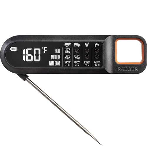 Traeger Grills Instant Read Meat Thermometer Ultra-Fast Readings Large LCD Display & Built-in Food Temperature Chart for Perfect Doneness Every Time