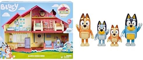 Bluey Heeler Family Home Play Set & Bluey and Family: Bingo, Bandit and Chilli 4 Figure pack Articulated Character Action Figures 2.5 inches Official Collectable Toy