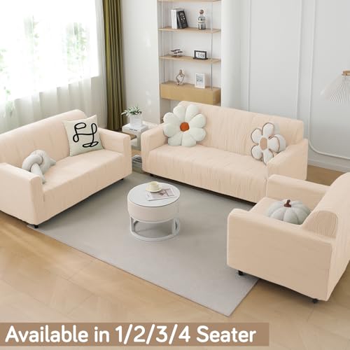 Image of HOKIPO 200 GSM Premium Knitting Jacquard Fully Covered Stretchable Sofa Cover for 1 Seater, 'Nestiva Series' Skimmed Cream (NEW2-AR-5307-CRM)