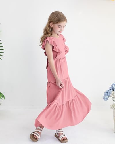 Girls Summer Dresses Tween Tie Back Ruffle Sleeve Kids Swing Flowy Casual Beach Maxi Dress4
