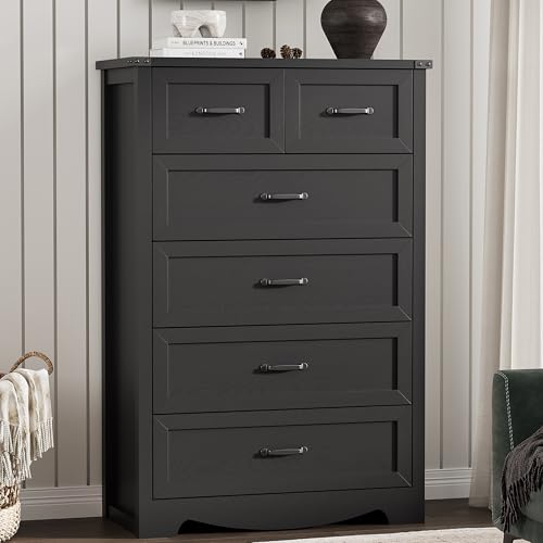 Image of Dresser for Bedroom with 6 Drawers, 49 inch Tall Wood Chest of Drawers with Deep Drawers & Mental Handle, Modern Dresser TV Stand, Wooden Closet Storage Organizer for Living Room, Hallway, Entryway, Black