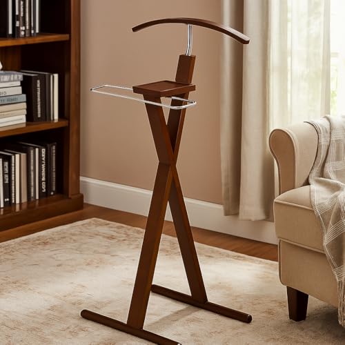 Image of Proman Products Josh Freestanding Wooden Valet Stand Organizer with Tray, Hanger, Trouser Bar, Walnut