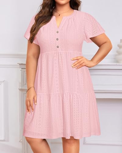 Image of Plus Size Summer Dress - Casual Sundress Beach Short Sleeve V Neck Tiered Button Up Boho Midi Flowy Sun Dresses Women