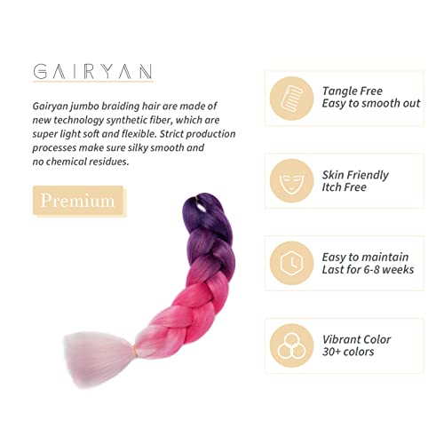 Gairyan Braiding Hair Extensions for Braiding 1 Bundle 100g 24" Ombre Jumbo Braiding Hair Colorful Synthetic Hair for Braid Soft Box Braids Crochet Twists (Purple-Rose Red-Pink) - Image 3