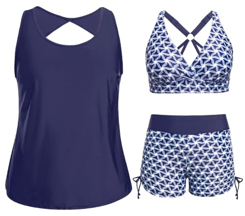 Holipick Plus Size Tankini Swimsuits - Women 3 Piece Bathing Suits Tummy Control with Shorts Tank Top with Sports Bra