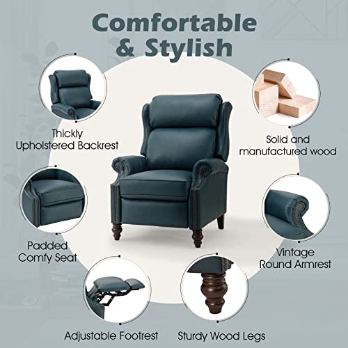 HULALA HOME Genuine Leather Recliner Chair, Traditional Manual Pushback Comfy Seating for Living Room, Thick Cushion & Solid Wood Legs, Wingback Recliner with Nailhead Trim, Turquoise