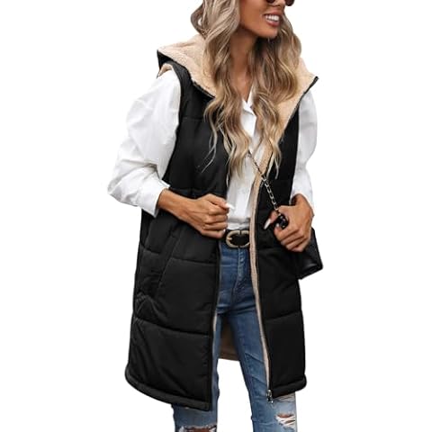 Jyanl Fall Long Puffer Vest 2024 Fleece Vest Sleeveless Fall Reversible Vests Zip Up Winter Hoodie Fleece Jacket Long Warm Winter Coat Outerwear Cover