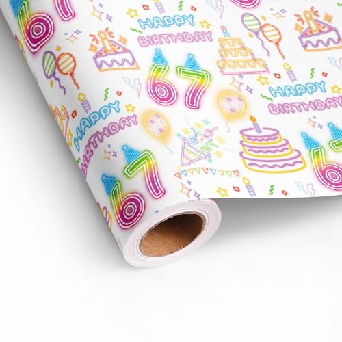 Altarho 67 Birthday Wrapping Paper Roll Colorful Cake Balloon with SIX SEVEN Design Funny Birthday Meme Gift Wrap for Baby Shower Party Holiday Total 28.5sq.ft