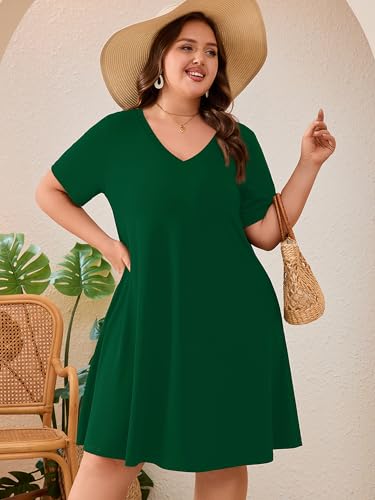 Image of AusLook Plus Size Midi Dress for Women Loose V Neck Short Sleeve Summer Casual A Line T Shirt Sundresses with Pockets 1X-5X