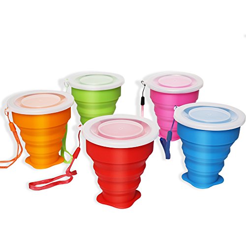 UPERFECT 5 Pack Silicone Collapsible Drinking Cup Set 5 Pack Foldable Expandable Travel Cups Travel Mug with Lid for Camping Hiking Trip