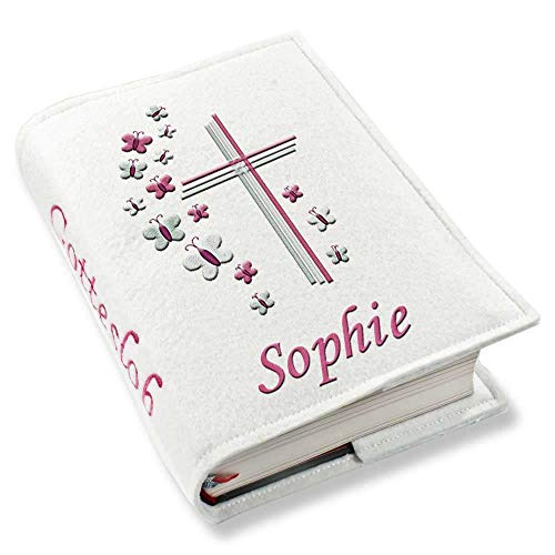 Gotteslob Gotteslobhülle Kreuz Schmetterlinge pink rosa Filz mit Namen bestickt hellgrau weiß dunkelgrau blaugrau dunkelblau türkis maigrün flieder Mädchen Farbe:weiß