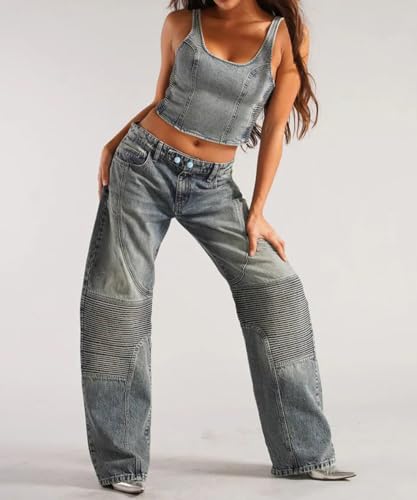 Women's Vintage Low Rise Stretchy Washed Wide Leg Jeans Casual Baggy Distressed Straight Denim Pants2
