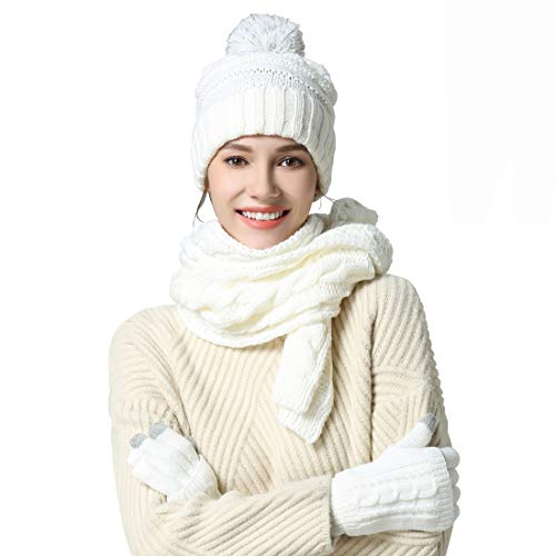 Winter Hat Scarf Gloves Set for Women Beanie Hat with Pom Long Scarf Neck Warmer Touchscreen Gloves 3 in 1 Set Gift for Women
