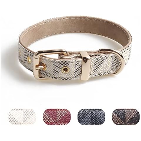 Puppy Leather Collar, Adjustable Basic Collar, Check Pattern Durable Leather Collar with Metal Buckle, Suitable for Small & Medium and Large Dogs Cover