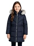 SOLOCOTE Abrigo de invierno para niñas resistente al agua plumas acolchado con capucha forro polar ribete de pelo sintético parka larga gruesa para niños Marina 164