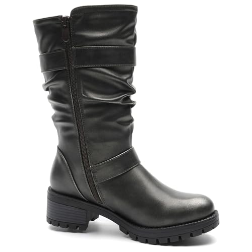 Image of GLOBALWIN Chunky Mid Calf Fashion Dressy Motocycle Biker Military Style Combat Boots for Women Low Heel