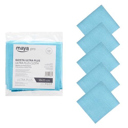 Maya Bayeta Ultra Plus. Especial para Cristales y Acero Inoxidable. Máxima Absorción sin Dejar Marcas. Poder Antical y Antibacterias. Pack de 5 Unidades (Azul)