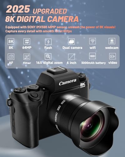 Image of 8K Digital Camera for Beginner, Vloggin Camera for YouTube, Autofocus, WiFi, 4 Inch Touchscreen, 16X Digital Zoom, 3000mAh Battery, Dual-Lens, Lens Hood, 32GB TF Card and Flash,Black