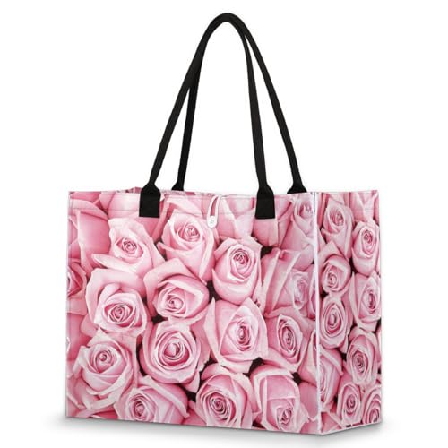 Pink Roses Tote Bag for Women Large Beach Bag Reusable Tote Bags for Work Travel Beach Shopping
