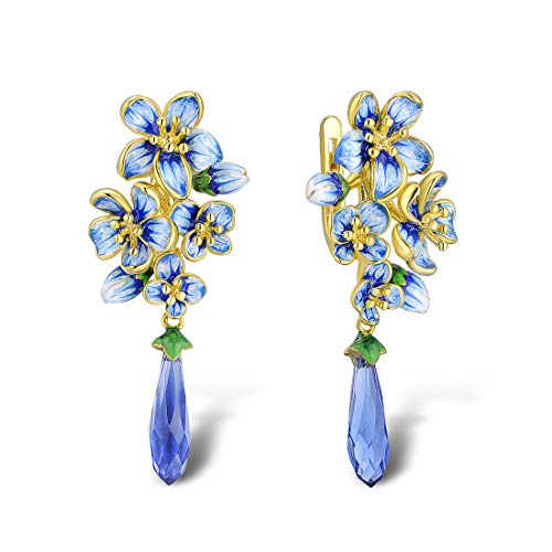 Santuzza 925 Sterling Silver Orchid Dangle Earrings Blue Glass Handmade Enamel Flower Drop Earrings For Women #TOP10