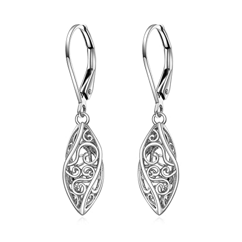 925 Sterling Silver Leverback Earrings Vintage Filigree Dangle Drop Earrings Jewelry Birthday Gifts for Women