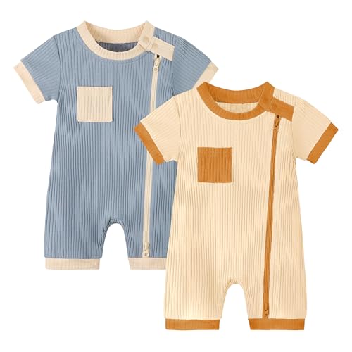Image of Volunboy Newborn Summer Clothes Unisex Baby Boy Girl 2 Pack Rompers Short Sleeve Two Way Zipper One-piece Jumpsuits Bodysuits