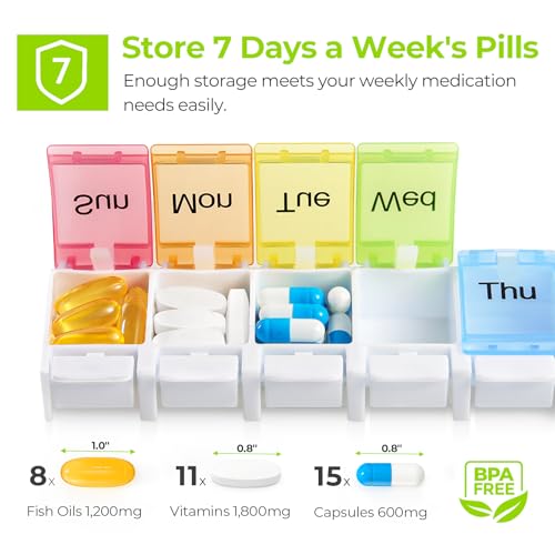 auvon weekly pill organizer arthritis friendly bpa free travel 7 day pill box case with spring open design and large compartment to hold vitamins cod liver oil supplements and medication