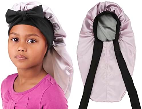 brcok Kids Braid Long Bonnet Girls Satin Bonnet Sleeping Cap Double Layer with tie Band Silk Hair Bonnet for Toddler Child (Kids Long Pink)